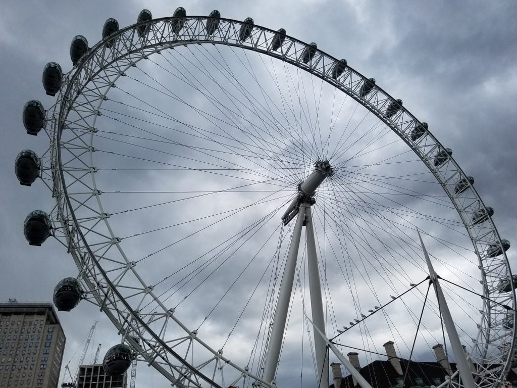 white ferris wheel with a gray cloudy sky