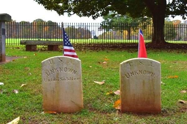 Gravestones of unknown Union and Confederate soldiers from a Civil War cemetery at Appomattox Courthouse National Historic Site.