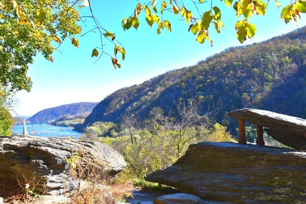 Jefferson's Rock overlooks the town of Harpers Ferry, WV and the confluence of the Potomac and Shenandoah Rivers, nestled in the mountains.