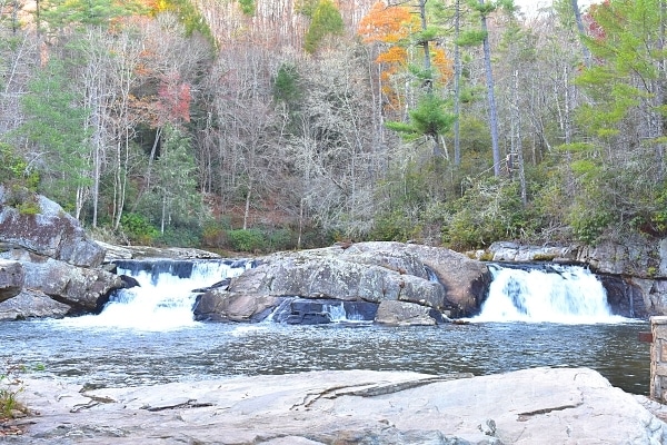 Linville Falls upper viewpoint tucked into the autumn woods off of the Blue Ridge Parkway in North Carolina