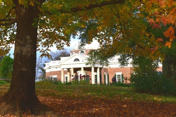 Monticello, home of Thomas Jefferson, surrounded by fall trees