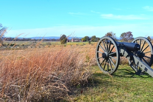 A single cannon stands guard over a field with a house in the background