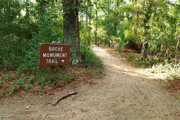 Brown trail sign points the way to a sandy trail to the Bache Monument through a forest