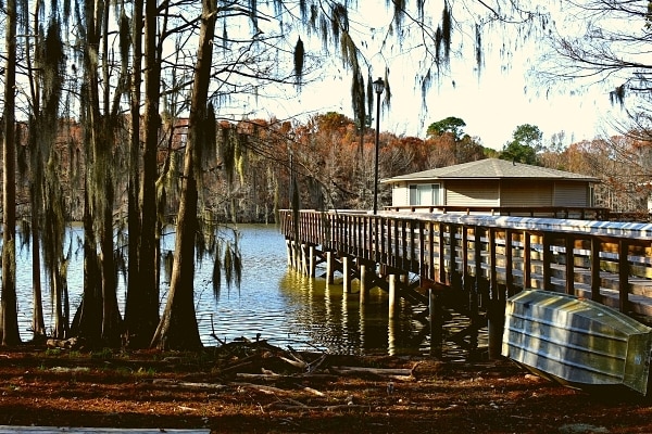 Cypress trees draped in Spanish moss tower over a pier cabin built over Lake Marion at Santee State Park