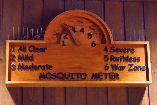 Humorous but helpful wooden mosquito meter sign at Congaree National Park's visitor center indicating the severity level of the number of mosquitoes currently active in the park