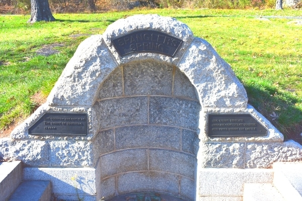 Stone marker and steps to Spangler's Spring natural freshwater spring at Gettysburg Battlefield