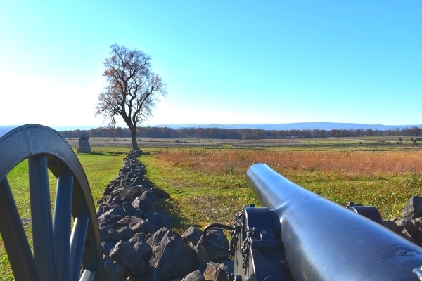 Civil War cannon aimed along the length of a low stone wall at a lone tree marking The Angle at Gettysburg Battlefield