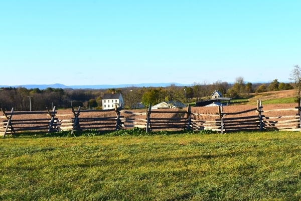 Cornfield in winter with wooden perimeter fence and white farm houses under a clear blue sky