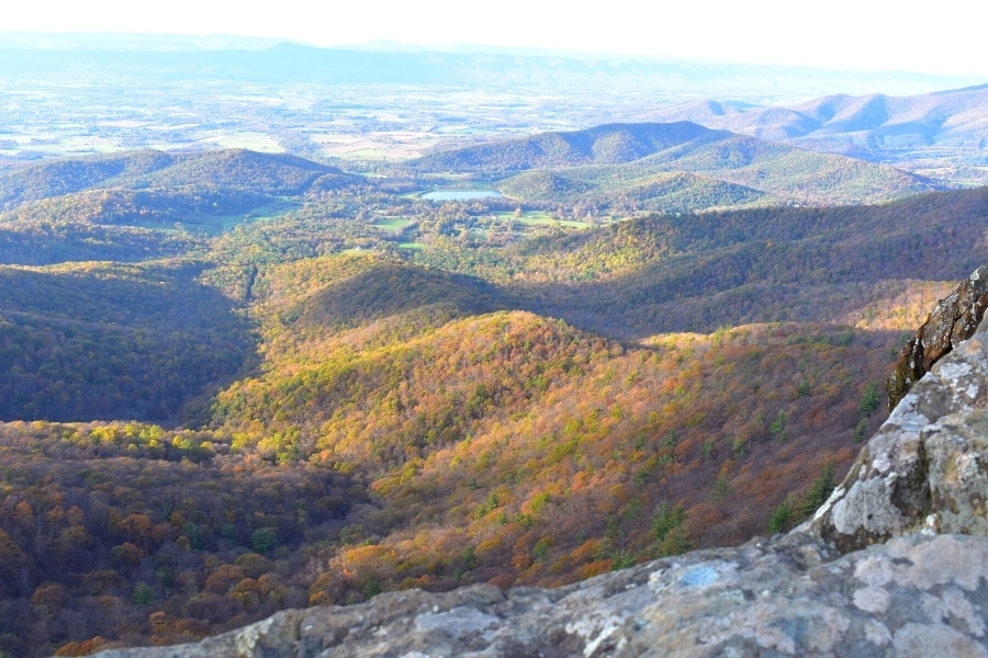 Late fall color carpets the mountains as seen from the cliffs of the Little Stony Man trail