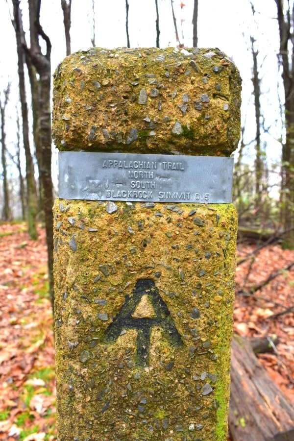 Concrete rectangular trail marker with AT stamp for Appalachian Trail