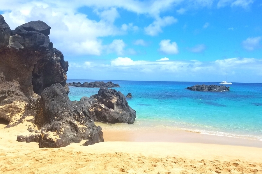 White catamaran under a blue sky on blue Waimea Bay with black rocks and yellow sand beach
