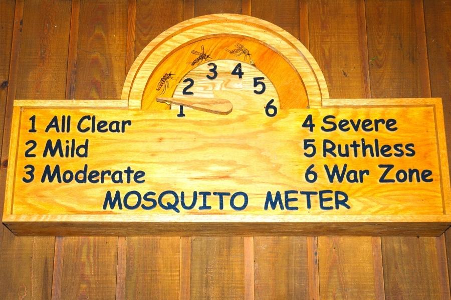 Wooden Mosquito Meter sign at Congaree National Park with scale from 1 to 6 of how bad mosquitoes are in the park