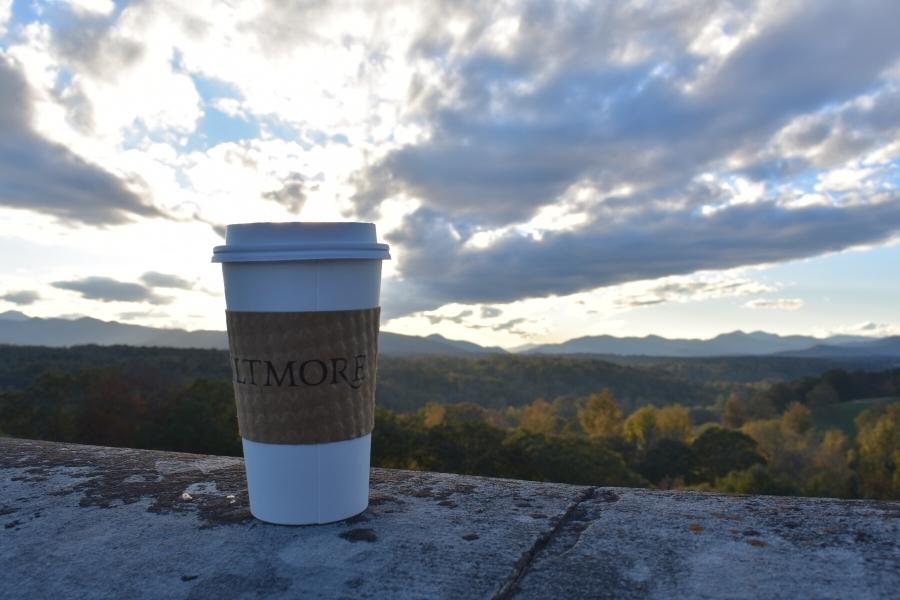 A white coffee cup with a Biltmore brown coffee sleeve sits on a mossy stone ledge in front of a cloudy sky as the sun sets over the autumn biltmore estate grounds in the background