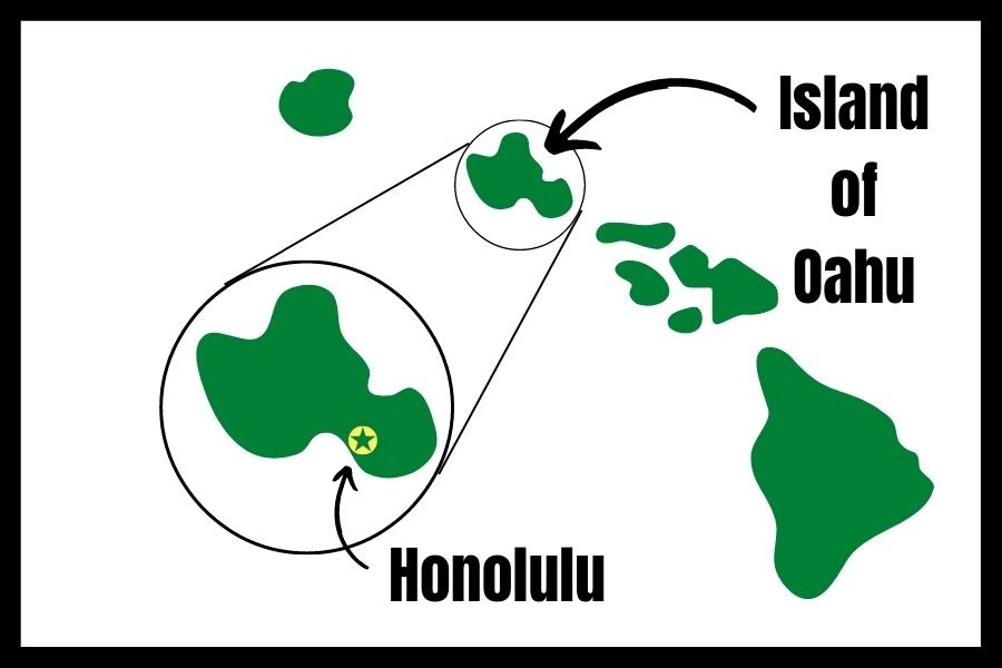 A simple map showing the state of Hawaii, circling and labeling the Island of Oahu, and a blow up detail of Oahu to identify the city of Honolulu