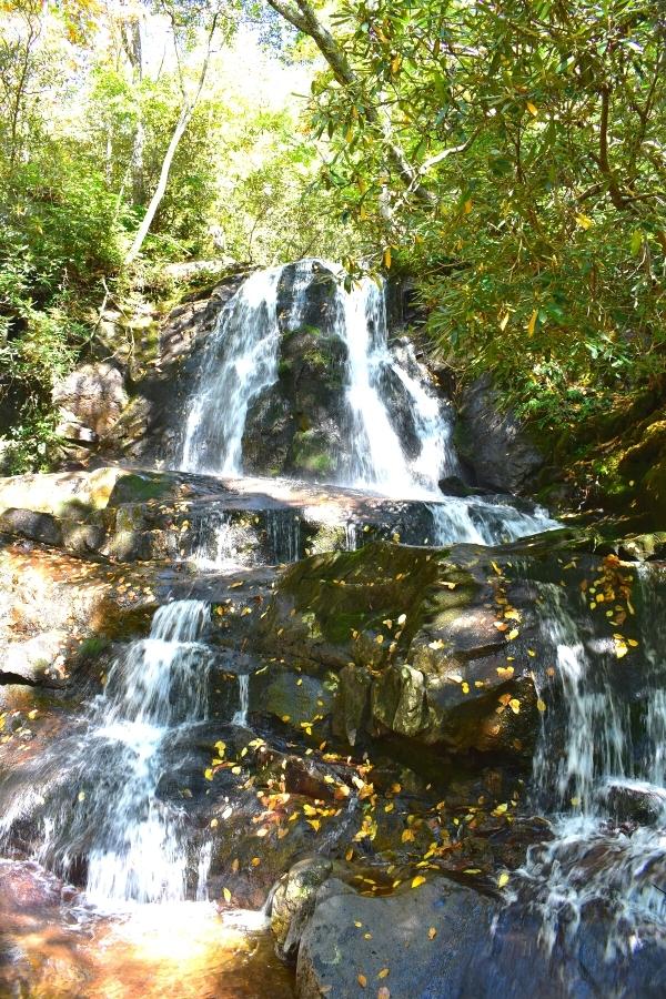 White frothy water cascades down the rocky outcropping shaded by trees at the Upper Laurel Falls