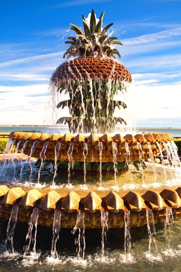 Charleston's famous multi-tiered pineapple fountain flows in front of Charleston Harbor