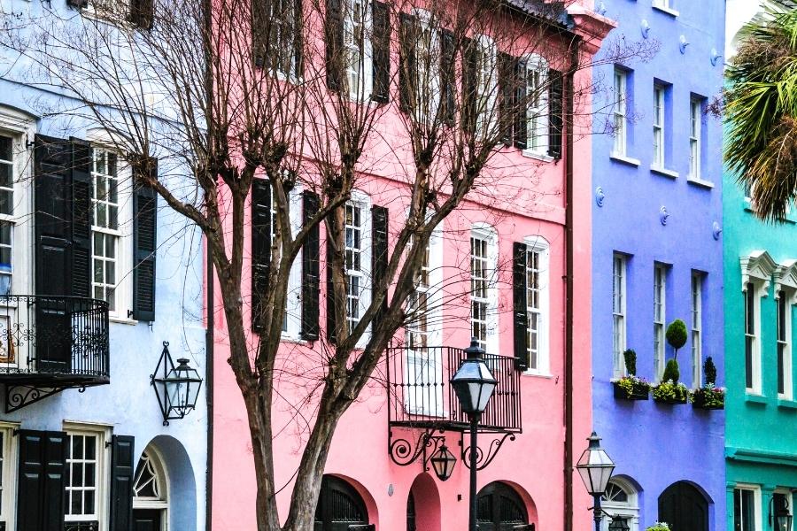 The colorful building fronts of Rainbow Row brighten a street behind a crepe myrtle hibernating in the winter