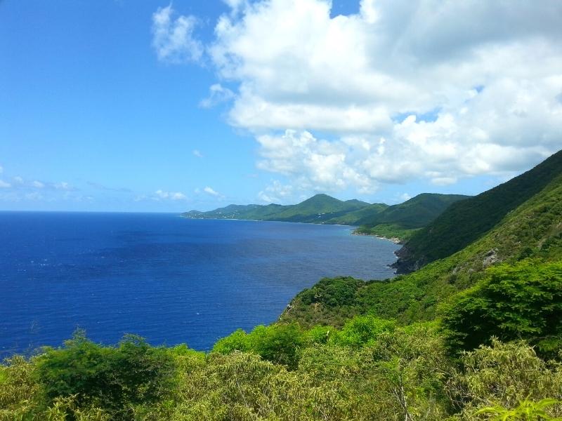 St Croix's mountainous north shore is a wall of undulating green against the deep blue Caribbean Sea