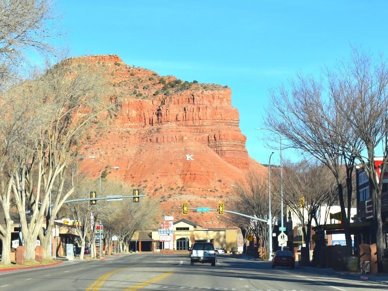 The large white K on a red hillside over the streets of Kanab, UT