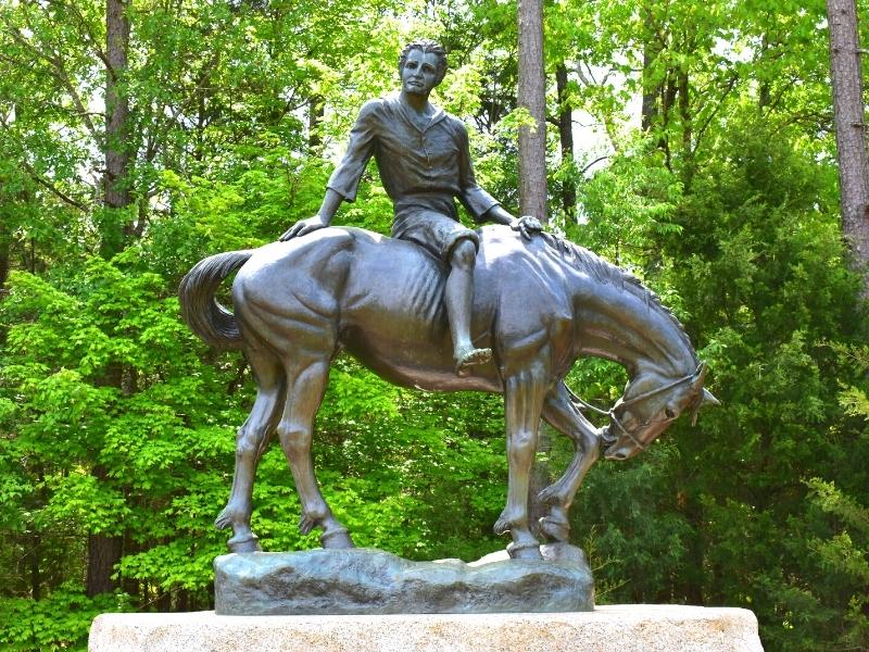 Anna Hyatt Huntington's bronze statue, The Boy of the Waxhaws, features a horse with a bowed head ridden by a teenage Andrew Jackson