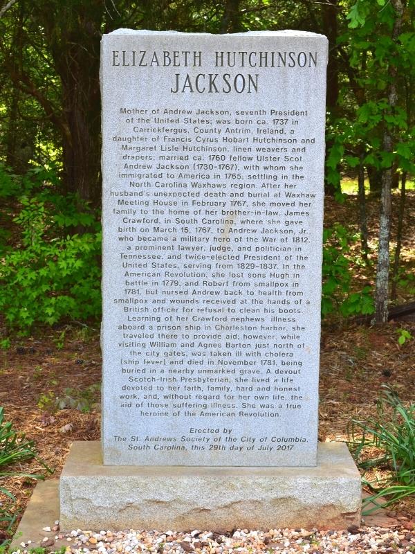 A simple tall gray stone marker for Elizabeth Hutchinson Jackson, Andrew Jackson's mother