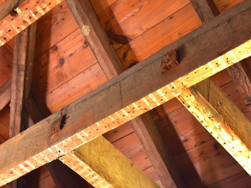 Wooden beams are notched together without nails in the Hampton Plantation main house