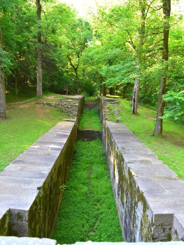The remains of an 1800s canal system are surrounding by a vibrantly green forest
