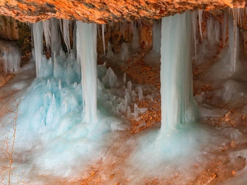 Icicles form in Mossy Cave in Bryce Canyon National Park in the winter