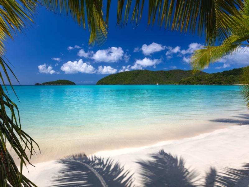 View trimmed by palm fronds of Maho Bay's aqua water and white sand beach with the green hills and islets in the distance