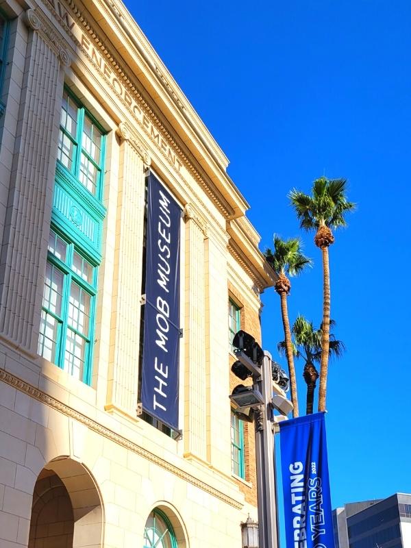 The white stone historic building facade of the Mob Museum in Las Vegas