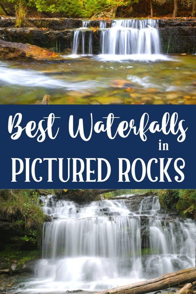 Photos of a small waterfall on top and a larger waterfall on bottom, with text "Best Waterfalls in Pictured Rocks"