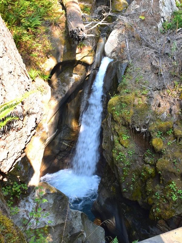Ladder Creek Falls drops through a rocky cut in the mountainside