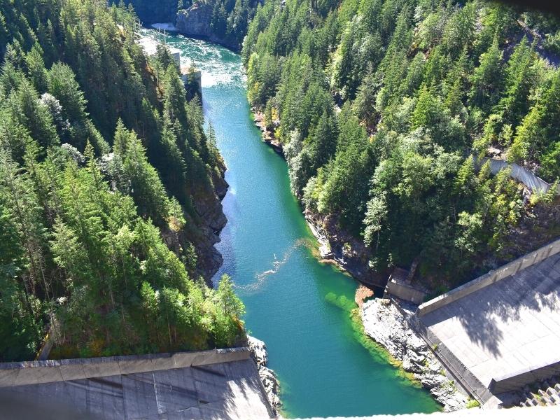 The blue-green waters of Ross Lake form a river downstream of the dam that cuts through the green mountain valley