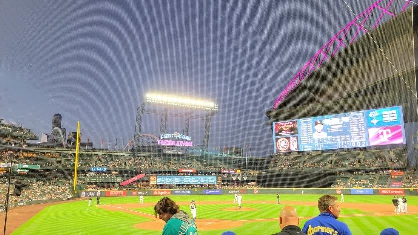 View of T-Mobile Baseball Park in Seattle from behind the net behind home plate