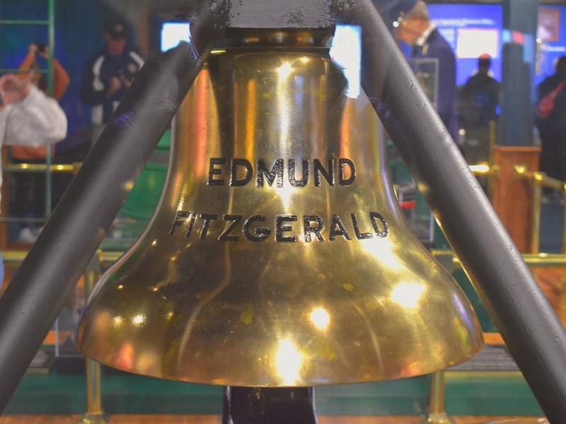 The original bell from the Edmund Fitzgerald, recovered from the bottom of Lake Superior and now on display in the Great Lakes Shipwreck Museum gallery