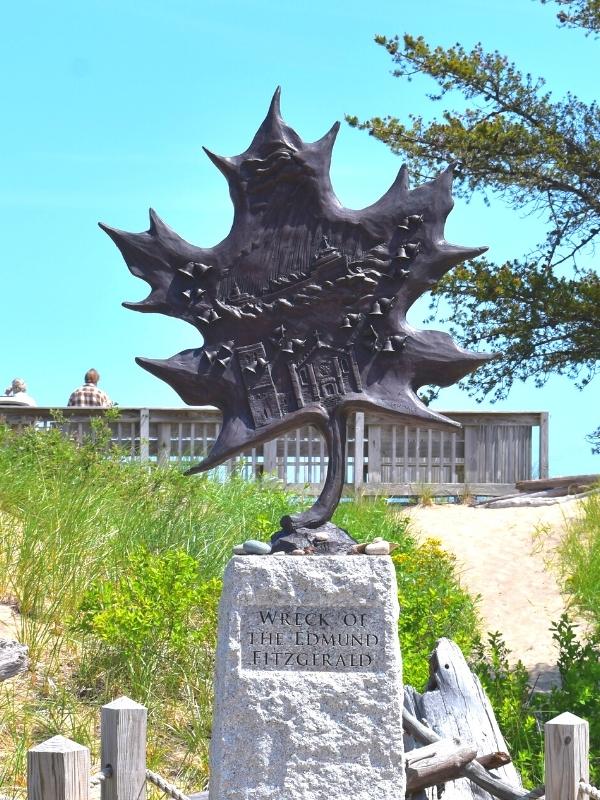 A stone and metal memorial to the doomed Edmund Fitzgerald freighter which sank not far from Whitefish Point Beach