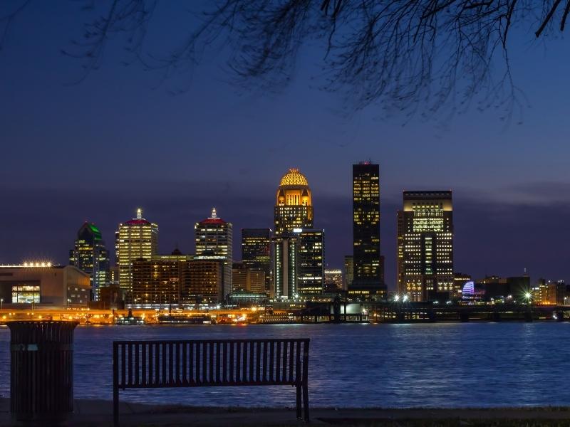 The downtown Louisville skyline at night, as seen across the Ohio River