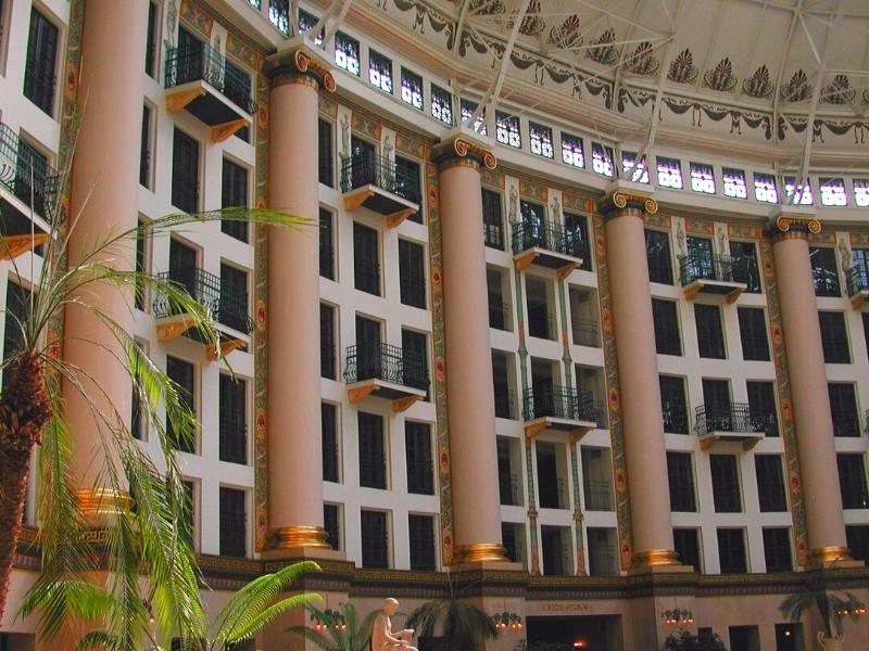 The luxurious colonnaded interior of the West Baden Springs resort, with interior facing balconies