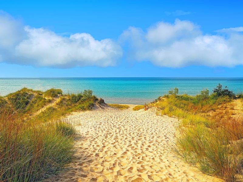 A sandy path over a vegetated sand dune leads to the blue waters of Lake Michigan in Indiana Dunes State Park