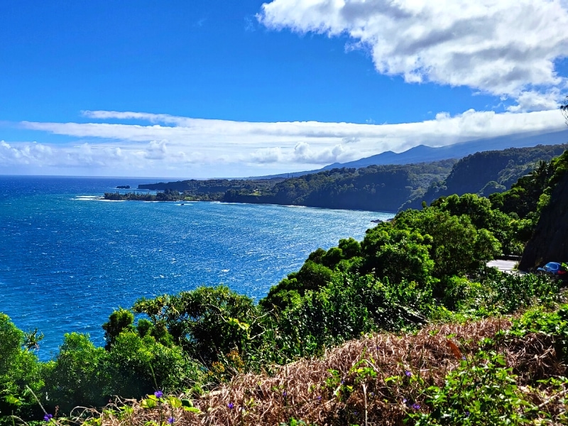 The Road to Hana winds along the right side cliffs of Maui's eastern coastline