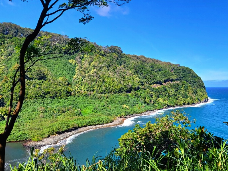 A forested green cliff sticks into the blue ocean, with a single line of exposed cliff the only indication that the Road to Hana Highway passes along this cliff