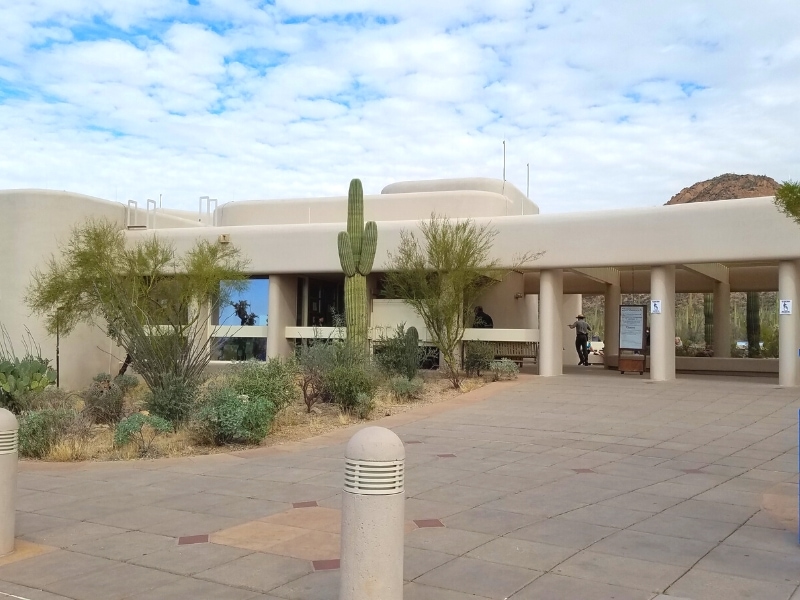 The light tan Saguaro West visitor center building blends into the surrounding landscape of saguaros, palo verde trees, and desert plants.