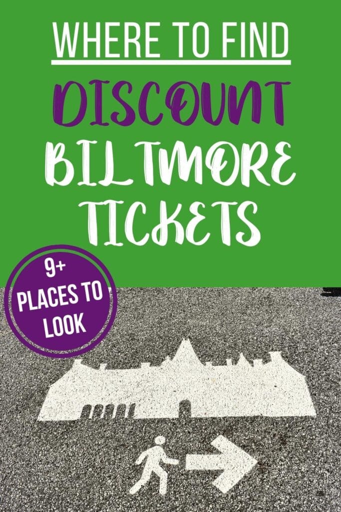 A simple white sidewalk graphic showing the direction to walk to get to the Biltmore House from the parking lots, with text Where to Find Discount Biltmore Tickets, 9+ Places to Look