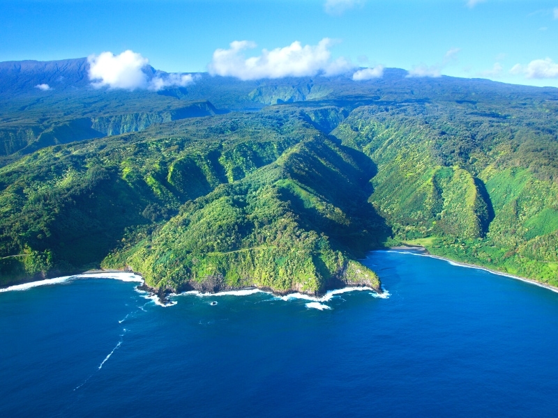 The mountainous green coastline of Maui