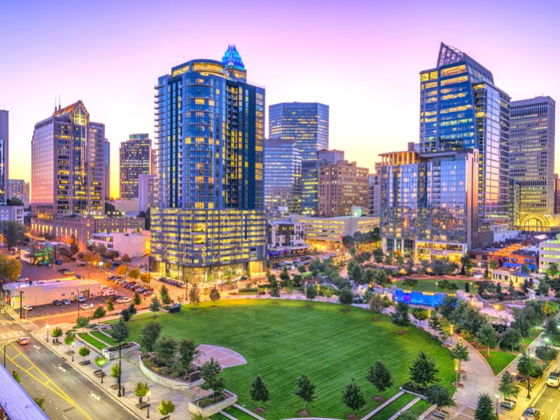 Uptown Charlotte glows in the post-sunset lighting as the city come alive for the evening.