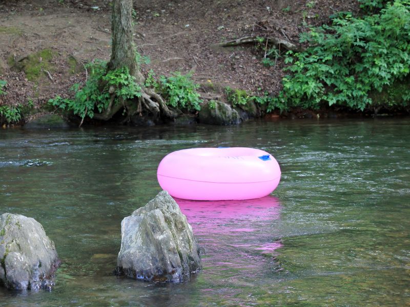 An unattended pink tube floats down an empty section of river