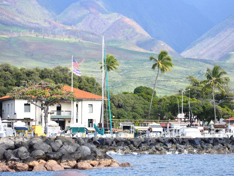 Close up view of Lahaina and the marina as seen from the water