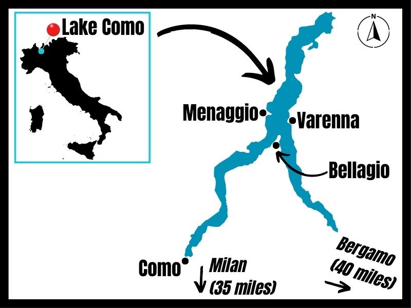 Graphic showing location of Lake Como in northern Italy and a detail map of Lake Como with surrounding towns identified.