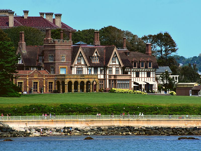 Newport's Cliff Walk passes along the shore by some large homes