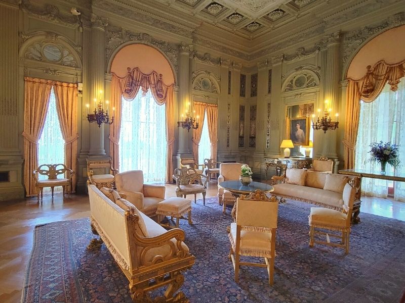 The Breakers' Morning Room features off white furniture and platinum gilded walls, one of the most expensive details in a Newport mansion